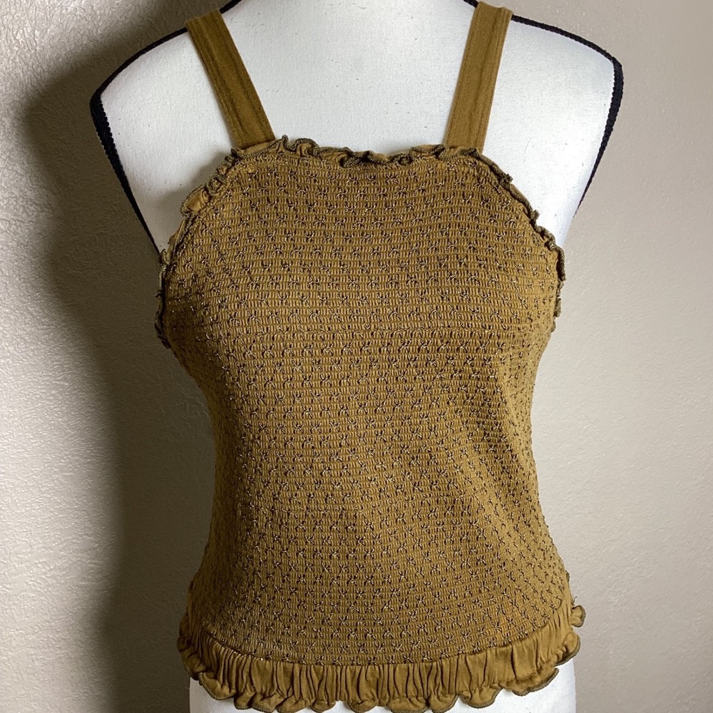 Anthropologie Mustard Ochre Smocked Ruffle Tank Top Women's Medium Cotton Boho